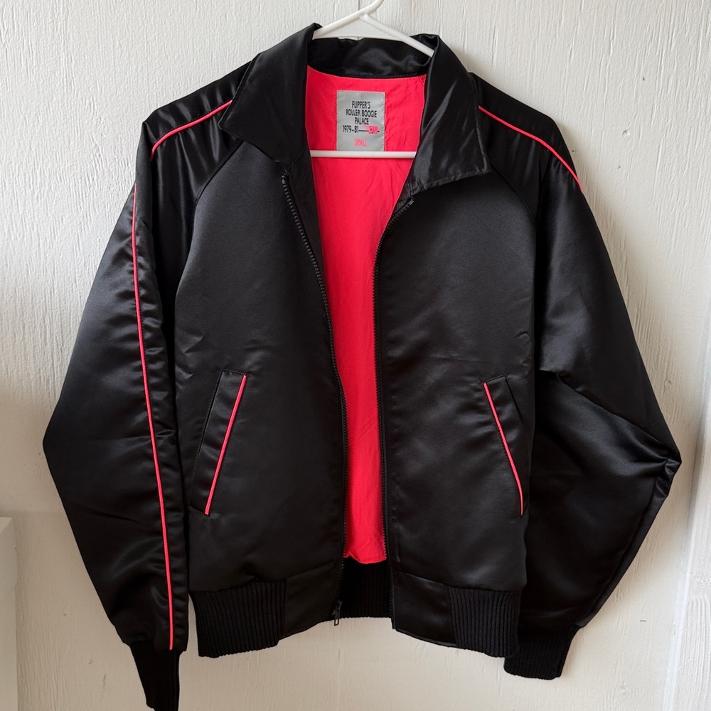 Black Satin Bomber Jacket with Neon 'Flipper's' Embroidery
